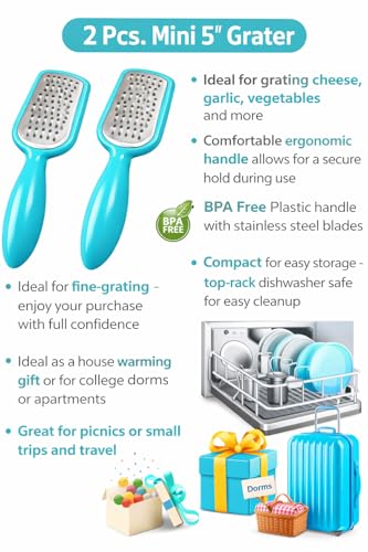 2 Pcs. Stainless Steel Mini Grater Cheese Garlic Nutmeg Chocolate 5" BPA Free (Blue) - color: Blue