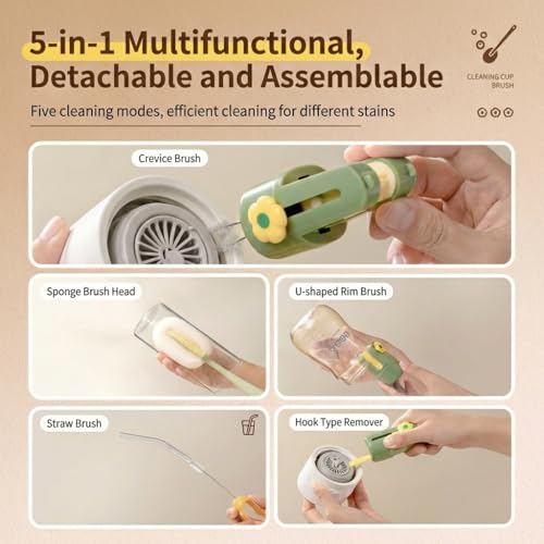 5 in 1 Bottle Lid Gap Cleaning Brush Set, Multifunctional Cup Cleaner for Baby Bottles, Drinking Cups & Straws, Modular & Detachable Design with Long Handle, Easy Rinsing (Green) - color: Green