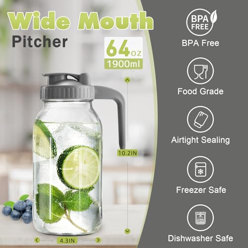2 Pack Mason Jar with Pour Spout Lid V-shaped, 64 oz Sun Tea Jar Double Leak Proof, 2 Quart Drink Pitcher for Breastmilk, Sun Tea, Juice, Coffee Creamer, Iced Tea Pitcher - color: Gray+Black, size: 64 Ounces