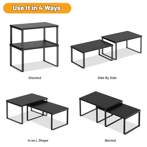 Kitchen Cabinet Organizer Shelf Set of 4, Sturdy Kitchen Counter Shelves with Metal Legs, Stackable Expandable Wood Spice Rack Pantry Cupboard Dish Mug Cup Storage Organizer Shelf, Black - color: Black