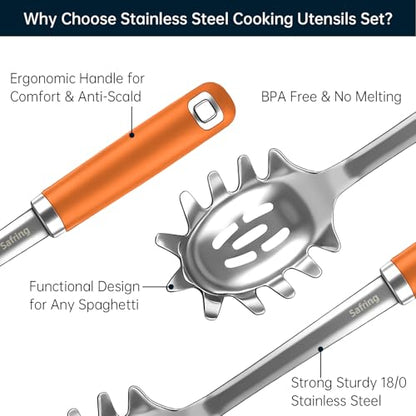 Safring Stainless Steel Soup Ladle and Spaghetti Spoon Set, Heat Resistant Rubber Handle, Dishwasher Safe, Kitchen Utensils for Cooking, Stirring, Serving Pasta, Soup & Sauce (Orange) - color: Orange