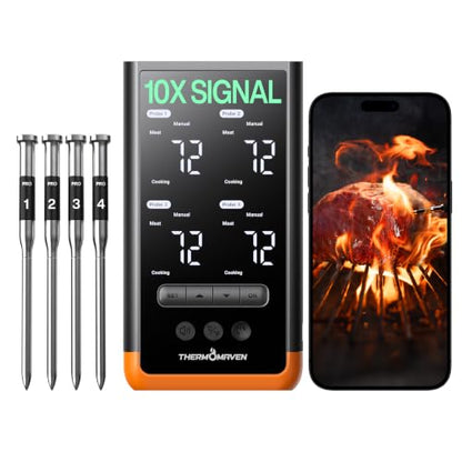 ThermoMaven Sub-1G Wireless Meat Thermometer, 4 Probes WiFi Thermometer | 3000FT Open Range, Smart App + Base Control, 6 Sensor NIST ±0.5°F Accuracy, BBQ Smoker Grill Oven, Brisket Steak Turkey Pork - color: Orange-Quad Probe