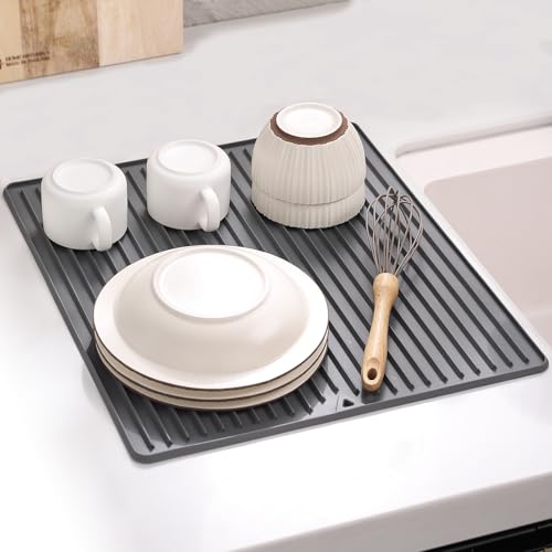 Silicone Dish Drying Mat, 16 x 18-inch Large Drying Mat for Kitchen Counter | Thicker Silicone Dish Drainer Pad for Countertop, Sink, Refrigerator or Drawer liner | Soft & Heat Resistant - size: 18" x 16"