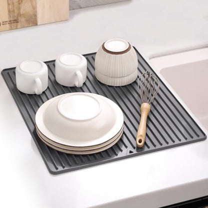 Silicone Dish Drying Mat, 16 x 18-inch Large Drying Mat for Kitchen Counter | Thicker Silicone Dish Drainer Pad for Countertop, Sink, Refrigerator or Drawer liner | Soft & Heat Resistant - size: 18" x 16"