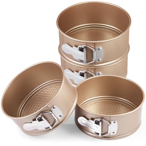 Funnymoom 4 Pcs 6 Inch Non Stick Springform Pan with Removable Bottom Carbon Steel Round Springform Cheesecake Pan with Stainless Steel Spring Buckles for Baking Kitchens Restaurant(Champagne Gold) - color: Champagne Gold, size: 6 Inch