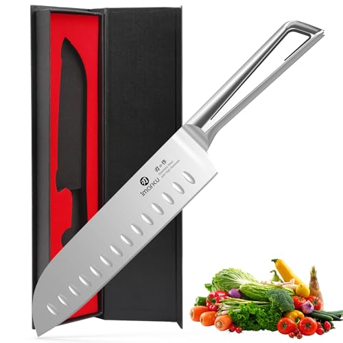 imarku Chef Knife Ultra Sharp Santoku Knife 7 Inch, High Carbon Stainless Steel Japanese Kitchen Knife with Hollow Edge | Seamless Ergonomic Handle, Gift Box for Meat/Vegetables/Tomatoes & Daily Prep - color: Brushed Silver