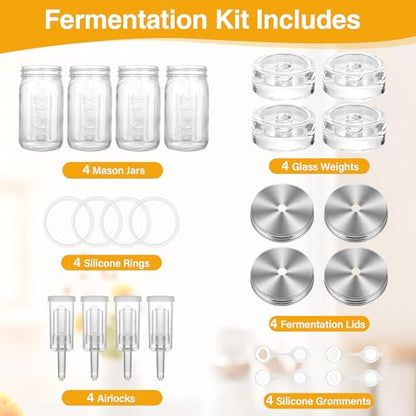 32 oz Mason Jar Fermentation Kit 4 Pack(Jar Included),Sauerkraut/Pickling Kit with 4 Pack Fermenting Jars, Glass Fermentation Weights,Fermentation Lids,Airlocks,Silicone Gaskets and Silicone Grommets - color: transparency