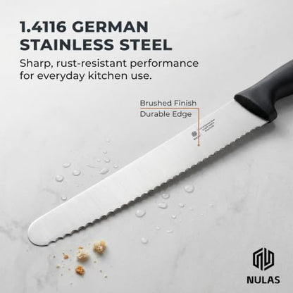 10-Inch Serrated Bread Knife with Sheath for Sourdough, German Steel | 1.4116 stainless steel blade for homemade and artisan loaves with Cover, Black