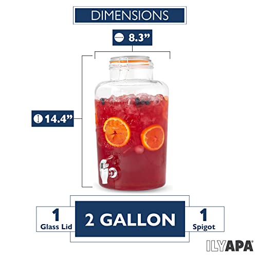 Ilyapa 2 Gallon Glass Beverage Dispenser - Wide Mouth Mason Jar Drink Dispenser - with Glass Flip Top Lid for Parties, Weddings, Lemonade, Cold Water - size: 2 Gallon Flip Top