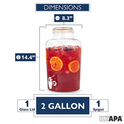 Ilyapa 2 Gallon Glass Beverage Dispenser - Wide Mouth Mason Jar Drink Dispenser - with Glass Flip Top Lid for Parties, Weddings, Lemonade, Cold Water - size: 2 Gallon Flip Top