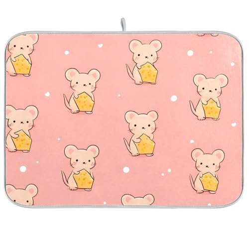 Cute Mouse Holding Cheese Dish Drying Mat for Kitchen Counter Super Absorbent Dishes Pad Reversible Microfiber Protector Dish Draining Mats 18x24 inch - size: 18 x 24 in