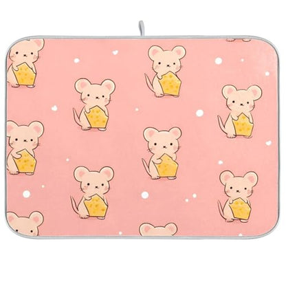 Cute Mouse Holding Cheese Dish Drying Mat for Kitchen Counter Super Absorbent Dishes Pad Reversible Microfiber Protector Dish Draining Mats 18x24 inch - size: 18 x 24 in