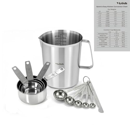 12-Piece Measuring Cups and Spoons Set with 1L (32oz) 304 Stainless Steel Measuring Pitcher, Heavy Duty Baking Tools for Liquid & Dry Ingredients, Kitchen Cooking & Baking