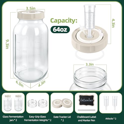 64oz Fermentation Jar Kit with Date-Tracking Lid Airlock Seal and Fermenting Weights, Wide Mouth Glass Jars with Scale Mark for Making and Storing Sauerkraut, Pickles (Pack of 2)