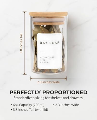 Bloomondo Glass Spice Jars with Label Pack (12x Bamboo Lid Glass Jar) Small 6oz Empty Spice Storage Bottles with 112 Printed Stickers and 48 Writable Pantry Labels for Seasoning Containers
