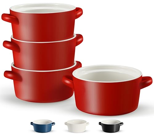 Kook Soup Crocks, Ceramic Stackable Bowls, Broil, Oven, Microwave and Dishwasher Safe, with Handles, For Casserole, Pasta, Cereal, Capacity 18 oz, Set of 4, (Matte Red) - color: Matte Red