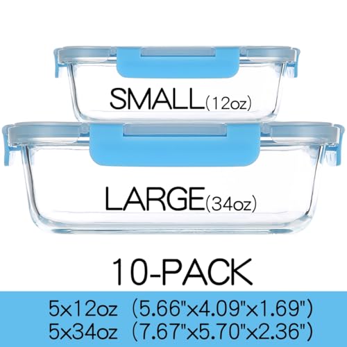 C CREST Glass Meal Prep Containers, [10 Pack] Glass Food Storage Containers with Lids, Airtight Bento Boxes, BPA Free & Leak Proof (10 Lids & 10 Containers) - color: Blue