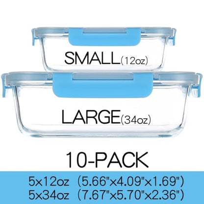 C CREST Glass Meal Prep Containers, [10 Pack] Glass Food Storage Containers with Lids, Airtight Bento Boxes, BPA Free & Leak Proof (10 Lids & 10 Containers) - color: Blue