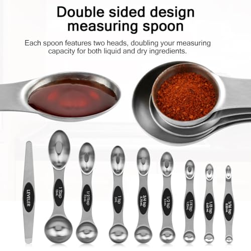 Measuring Cup and Magnetic Measuring Spoons Set, 8 Stainless Steel Nesting Measuring Cup & 8 Double Sided Stackable Magnetic Measuring Spoons & 1 Leveler for Cooking Dry & Liquid Ingredients