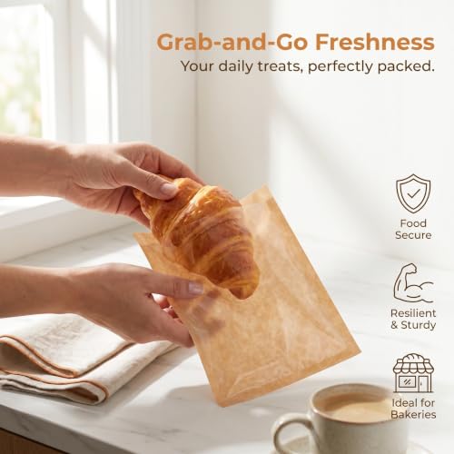 Lurrose 100pcs Kraft Paper Bags: Food Storage Bags with Transparent Window - Reusable for Snack Cookies Bread Candy Treat Cheese Tea 7.9"x7.17"