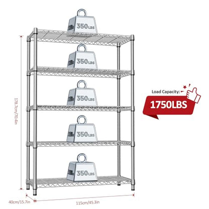 IZEUK 1750LBS Garage Shelving Wide Storage Shelves 5 Tier Metal Shelves Heavy Duty Adjustable Utility Shelf Rack (Chrome, 5 Tier, 15.7" D x 45.3" W x 70.9" H) - color: Chrome, size: 5 Tier, 15.7" D x 45.3" W x 70.9" H