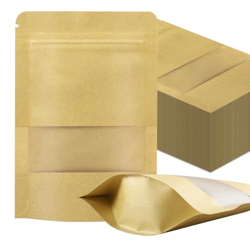 100 PCS Resealable Bags, Stand Up Kraft Paper Bags with Matte Window, Zipper Lock Food Storage Bags for Small Business and Home, 3.9x5.9 Inch Reusable Sealable Bags for Packaging - color: Yellow,3.93*5.9 inches