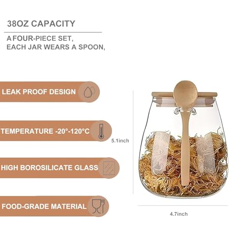 Airtight glass jar storage container with bamboo lid Set of 4, wide mouth, leak-proof, With a spoon, can be used for coffee beans, tea leaves, grains, dried fruits, etc (Large*4PCS) - color: Large*4PCS