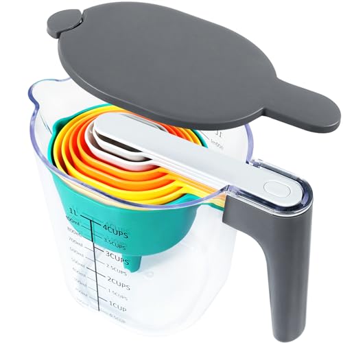 Stackable 10-Piece Measuring Cups and Spoons Set with Lids | Kitchen gadgets for cooking & baking. Includes 10 stackable cups & spoons. Dishwasher-safe. For liquid & dry, multicolor - color: 10 Piece - Multicolor
