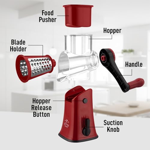 Zulay Kitchen Rotary Cheese Grater 5 Blade Cheese Shredder - Manual Hand Crank Cheese Grater With Reinforced Suction & 5 Interchangeable Drums - Easy to Use, Vegetable Chopper Round Mandoline Slicer - color: Maroon