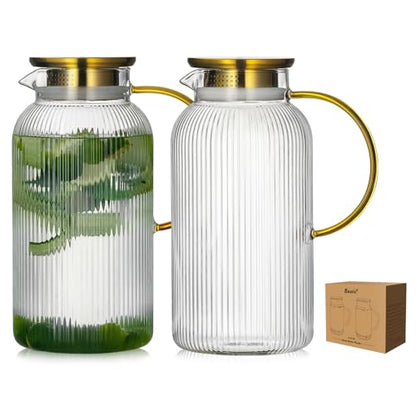 Buaic 2 PACK Glass Pitcher with Lid, 68 oz/ 2L Classic Vertical Stripes Water Pitcher with Handle,Glass Water Carafe for Cold Brew, Coffee, Lemonade, Iced Sun Tea,Beverage,Heat Resistant - color: Clear, size: 2L-2 PACK