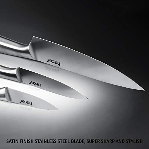 hecef Silver Kitchen knife set of 5, Satin Finish Blade with Hollow Handle, includes 8" Chef, 8" Bread, 8" Santoku, 5" Utility and 3.5" paring knife - style: 5 PCS