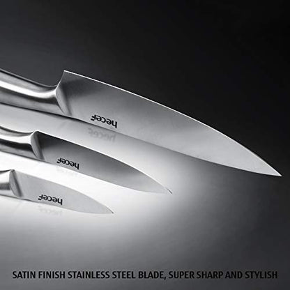 hecef Silver Kitchen knife set of 5, Satin Finish Blade with Hollow Handle, includes 8" Chef, 8" Bread, 8" Santoku, 5" Utility and 3.5" paring knife - style: 5 PCS