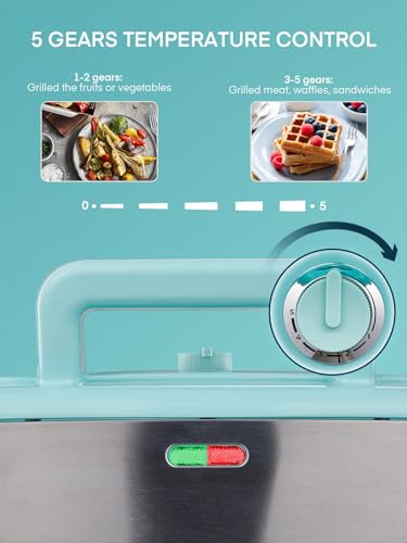 FOHERE Waffle Maker 3 in 1 Sandwich Maker 1200W Panini Press With Removable Plates and 5-gear Temperature Control, Non-stick Coating Easy to Clean,Indicator Lights, Blue - color: Light blue