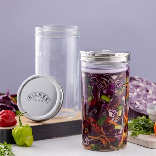 Kilner 1 Litre Fermentation Jar Set Wide Mouth Glass Jar with Silicone Valve Lid, Ceramic Weights & Recipe Booklet, Ideal for Small Batch Fermentation - size: 1 Litre Set