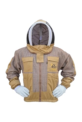 3 Layer Bee Jacket with Fencing Veil and One Pair Gloves Ventilated Sting Proof Beekeeping Jacket for Beekeepers - color: Khaki, size: Medium