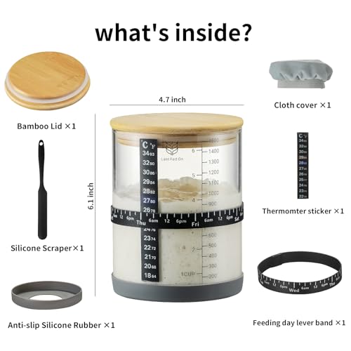 Sourdough Starter Jar,50oz Wide-Mouth with Non-slip silicone rubber Bottom Sourdough Starter Kit,Date Marked Feeding Band, Thermometer, Cloth Cover & Bamboo Lid, Reusable Sourdough Bread Baking