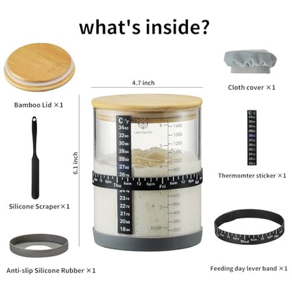 Sourdough Starter Jar,50oz Wide-Mouth with Non-slip silicone rubber Bottom Sourdough Starter Kit,Date Marked Feeding Band, Thermometer, Cloth Cover & Bamboo Lid, Reusable Sourdough Bread Baking