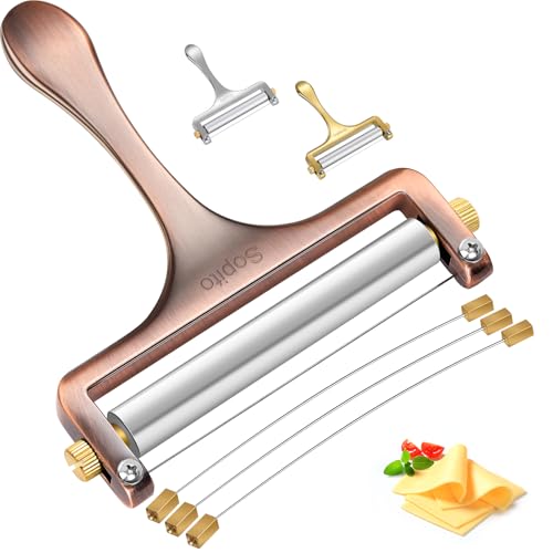 Sopito Cheese Slicer Stainless Steel with 3 Extra Wires Great for Cheddar, Gruyere, Raclette, Mozzarella Cheese Block, Adjustable Thickness, Copper - color: Copper
