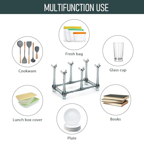 Plastic Bag Drying Rack, 6-Branch Stand for Reusable Bags, Bottle Drying Rack,Cup Drying Rack, Compact Countertop Organizer for Kitchen, Gray