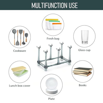 Plastic Bag Drying Rack, 6-Branch Stand for Reusable Bags, Bottle Drying Rack,Cup Drying Rack, Compact Countertop Organizer for Kitchen, Gray