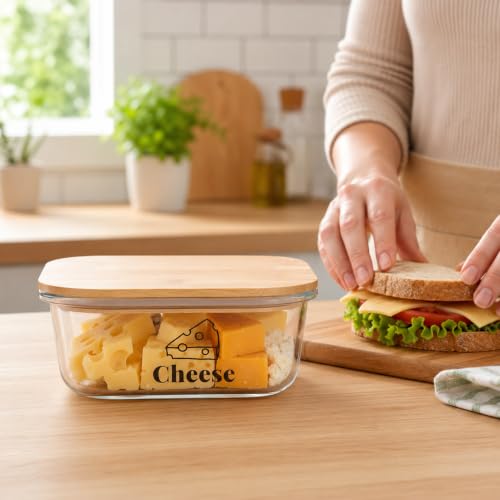 Cheese Container for Refrigerator,Glass cheese slice holder with Wooden Lid,Lunch Deli Meat Containers for Fridge,BPA-Free Shredded Cream Block Sliced,Grated,CheddarCheeses Storage Box Saver keeper
