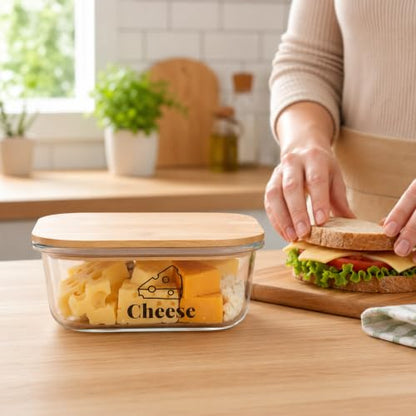Cheese Container for Refrigerator,Glass cheese slice holder with Wooden Lid,Lunch Deli Meat Containers for Fridge,BPA-Free Shredded Cream Block Sliced,Grated,CheddarCheeses Storage Box Saver keeper