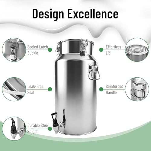 5.28 Gallon Milk Can with Spigot Stainless Steel Milk Bucket Wine Pail 20Liter with 2 Handles Sealed Lid Water Oil Liquid Barrel for Kitchen Farm Home Use - size: 20L