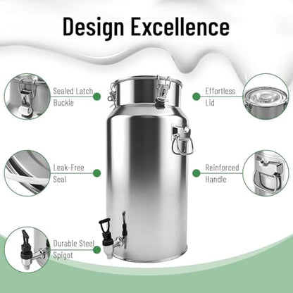 5.28 Gallon Milk Can with Spigot Stainless Steel Milk Bucket Wine Pail 20Liter with 2 Handles Sealed Lid Water Oil Liquid Barrel for Kitchen Farm Home Use - size: 20L