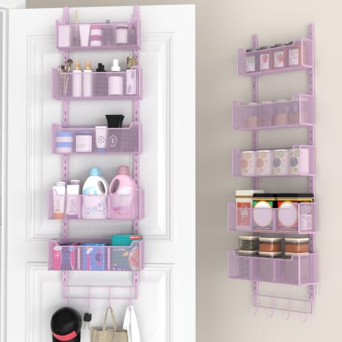 VyGrow Over The Door Organizer, Metal Door Organizer Hanging with 5 Adjustable Baskets and Coat Hook, Behind The Door Storage for Bedroom Closet Bathroom Pantry Cabinet Kitchen, Purple - color: Purple, size: 5-tier