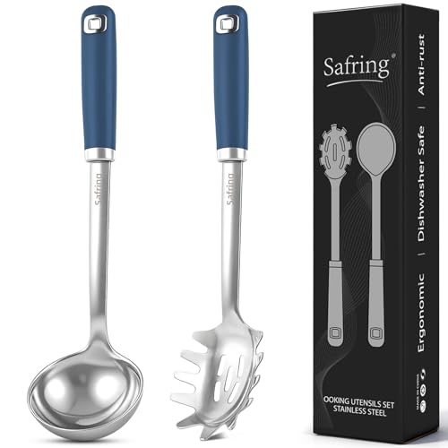 Safring Stainless Steel Soup Ladle and Spaghetti Spoon Set, Heat Resistant Rubber Handle, Dishwasher Safe, Kitchen Utensils for Cooking, Stirring, Serving Pasta, Soup & Sauce (Blue) - color: Blue