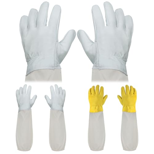 ANPHSIN 2 pairs Long Goatskin Beekeeping Gloves for Beekeepers - Protected Leather Gloves, Beekeeping Supplies, White/Yellow