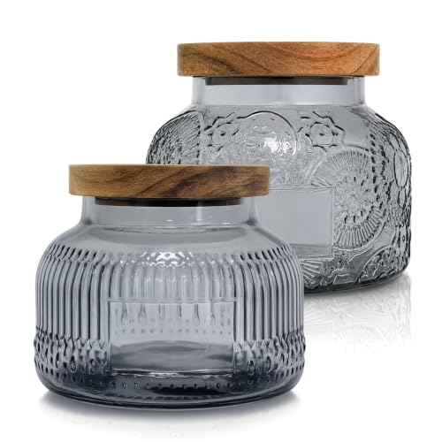 Decorative Grey Glass Jar with Airtight Lid 25.4 oz 2 pc | BPA Free, Airtight Acacia Wood Lid with Silicon Gasket, Vintage Decor, Countertop Storage Container, Gift for Men & Women - size: 25.4 Ounces, style: Grey 2pc