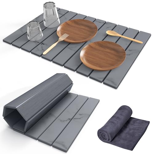 Stone Dish Drying Mat for Kitchen Counter,24"(L)×16"(W) Collapsible Fast-Drying Diatomaceous Earth Mats with Towel Sanding Tool,Versatile Stone Drying Mats for Cups Dishes Bottles - color: Marble-Dark Grey, size: 24"L x 16"W