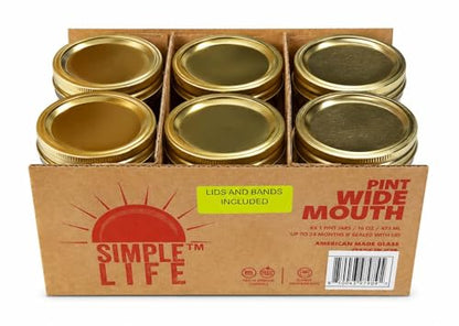 Simple Life Wide Mouth Pint Mason Jars 16oz – 6 Pack American Made Glass Canning Jars, 80mm Wide Mouth, Smooth Sided for Canning, Food Storage, Crafts & Pantry Organization (Lids & Bands Included)